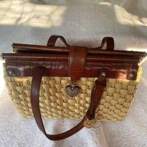 Brighton Ruth Woven Straw Satchel Bag with leather trim and handles